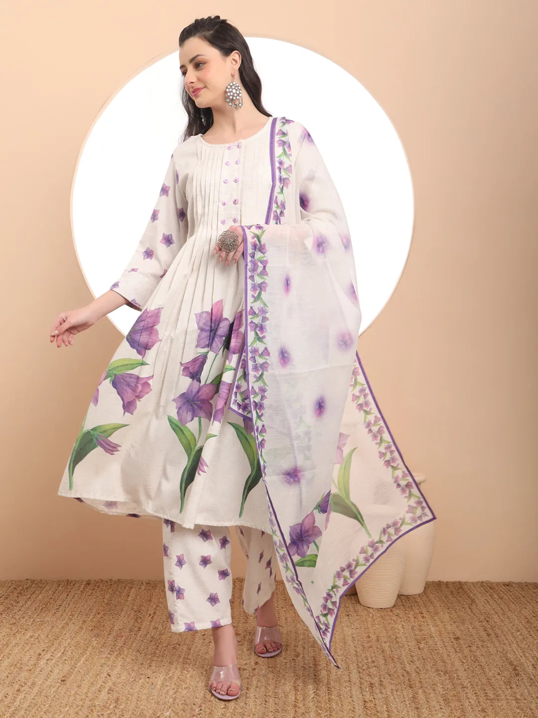 Women's White Cotton Linen Cotton White Anarkali Kurta Dupatta Pant Set by Yufta, suitable for wholesale buyers, boutiques, retailers, resellers and bulk fashion orders from Trendphoria