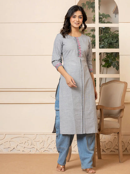 Linen Grey Embroidery Straight Kurta