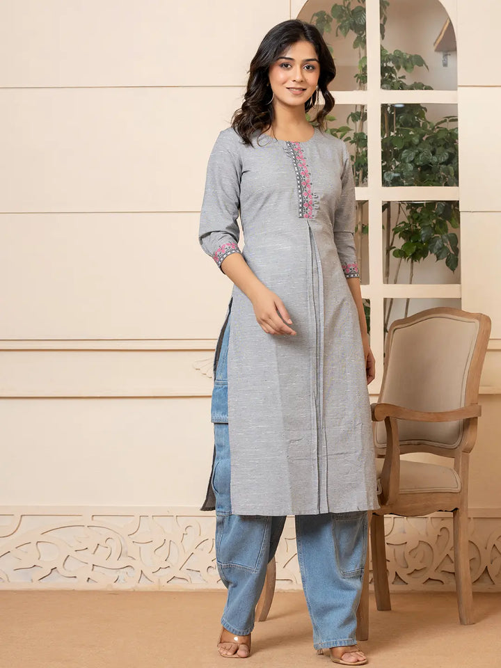 Linen Grey Embroidery Straight Kurta
