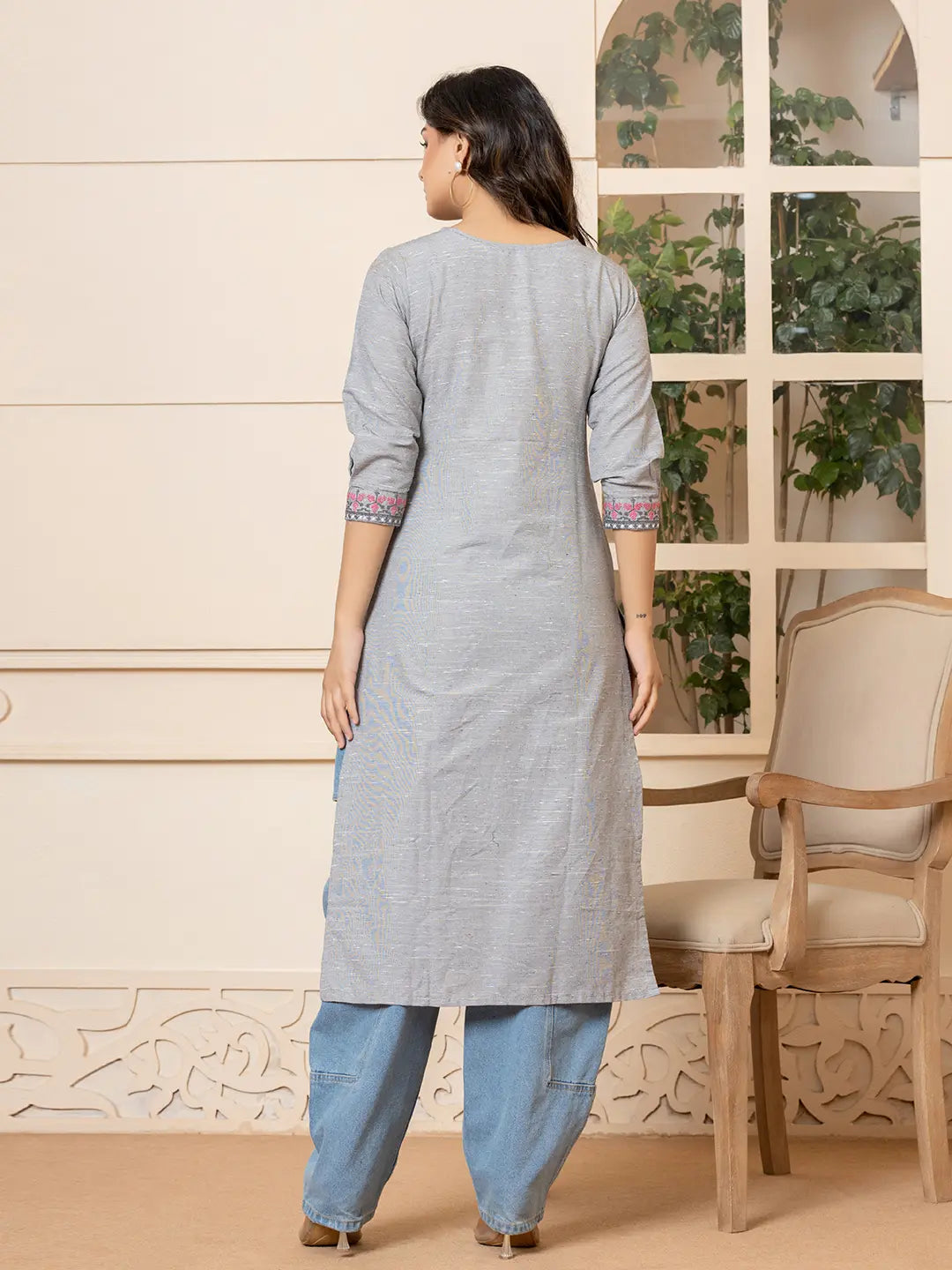 Linen Grey Embroidery Straight Kurta