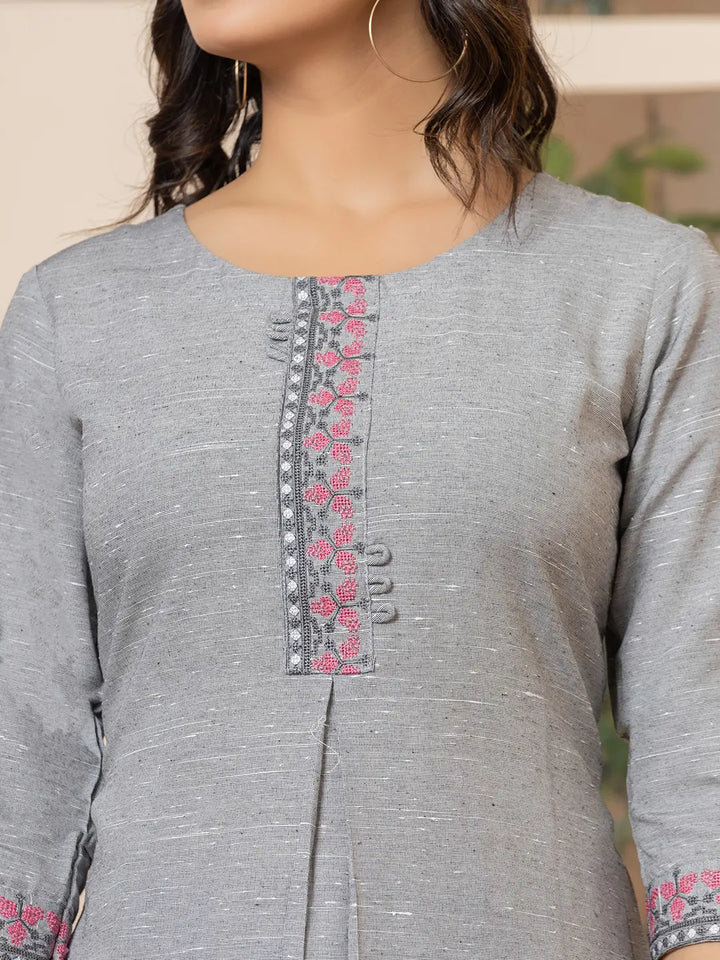 Linen Grey Embroidery Straight Kurta