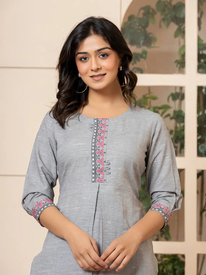 Linen Grey Embroidery Straight Kurta
