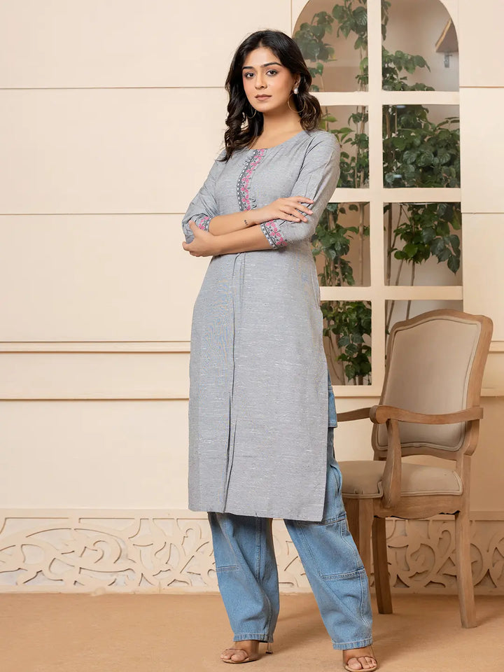 Linen Grey Embroidery Straight Kurta