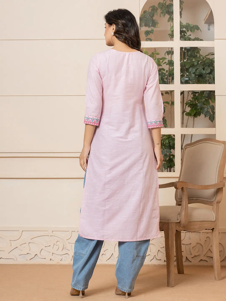 Linen Pink Embroidery Straight Kurta