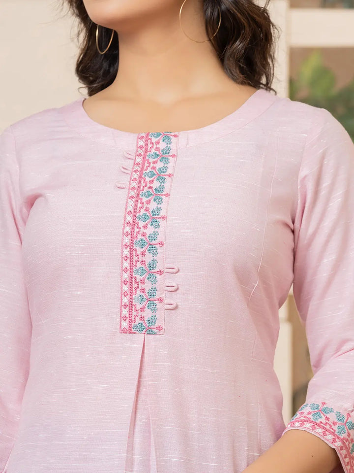 Linen Pink Embroidery Straight Kurta