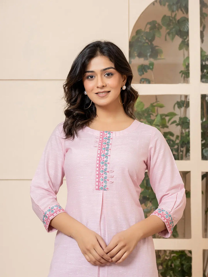 Linen Pink Embroidery Straight Kurta