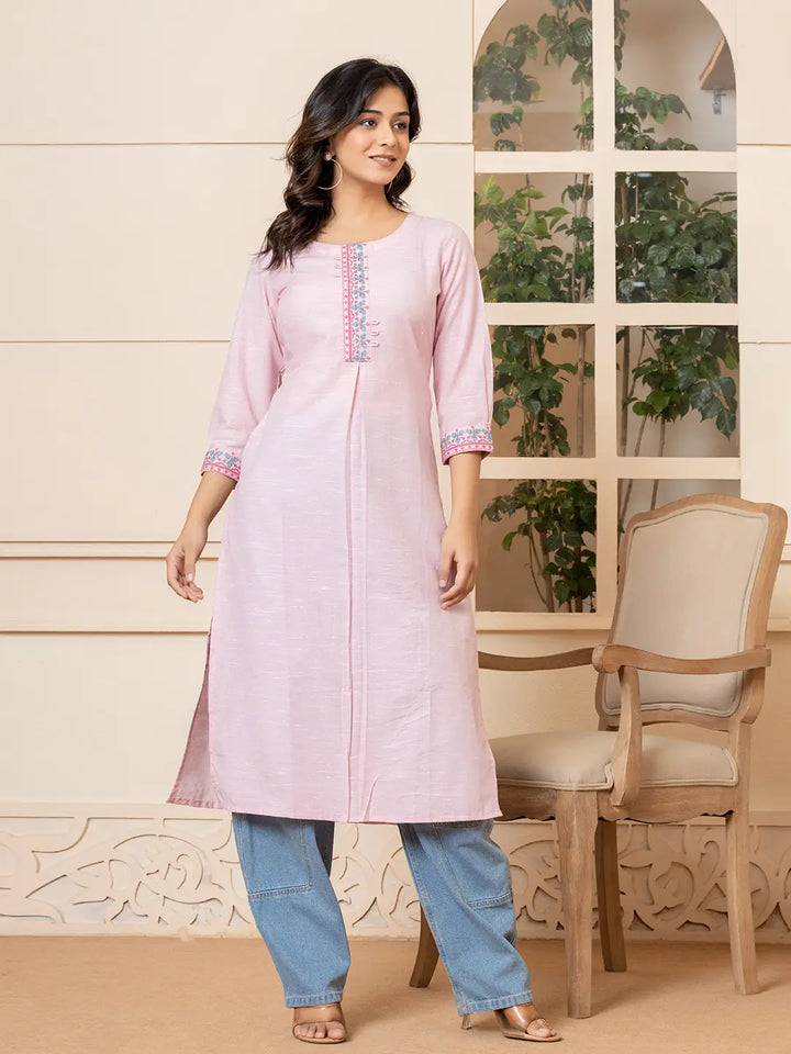 Linen Pink Embroidery Straight Kurta