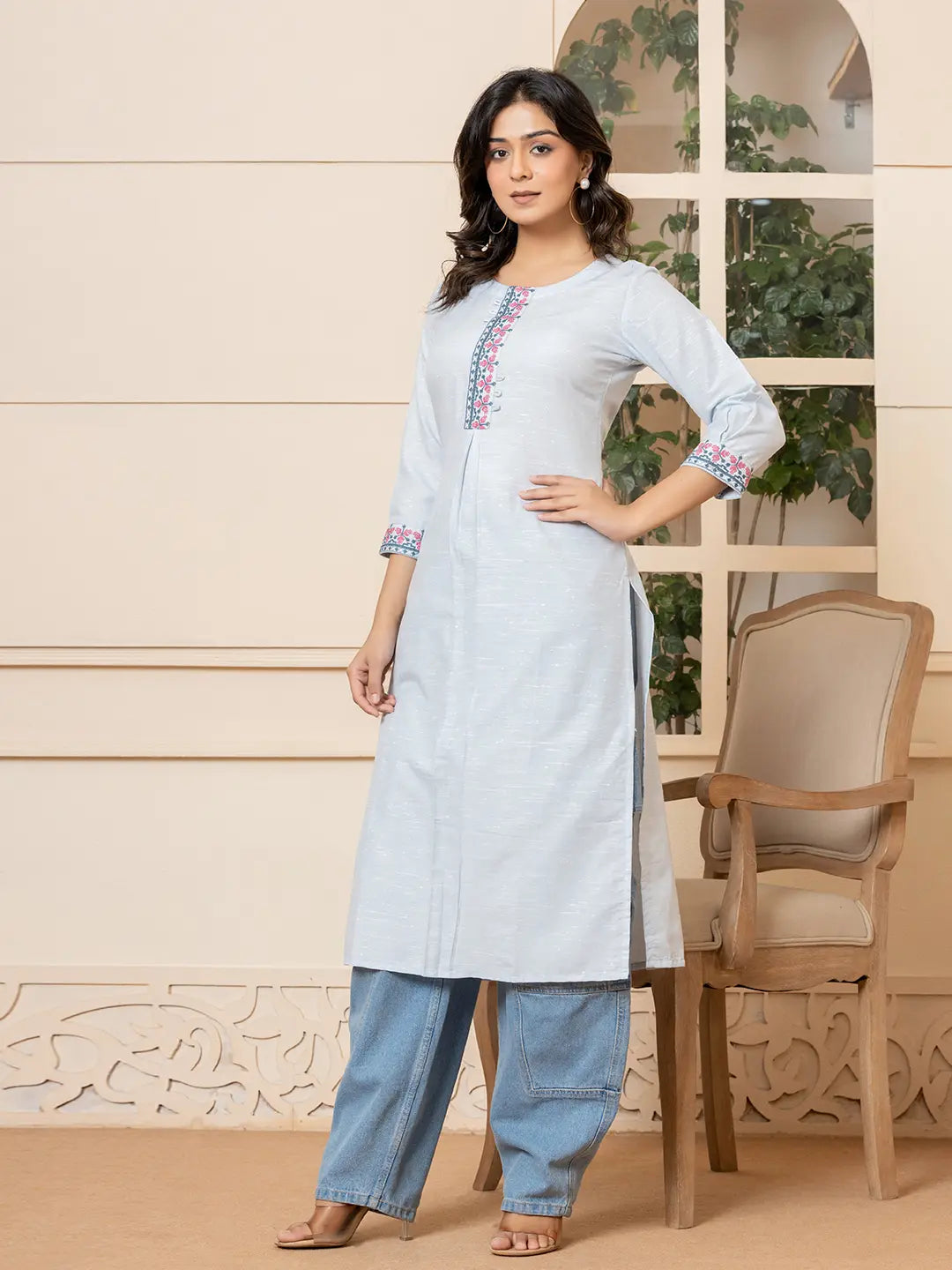 Linen Sky Blue Embroidery Straight Kurta