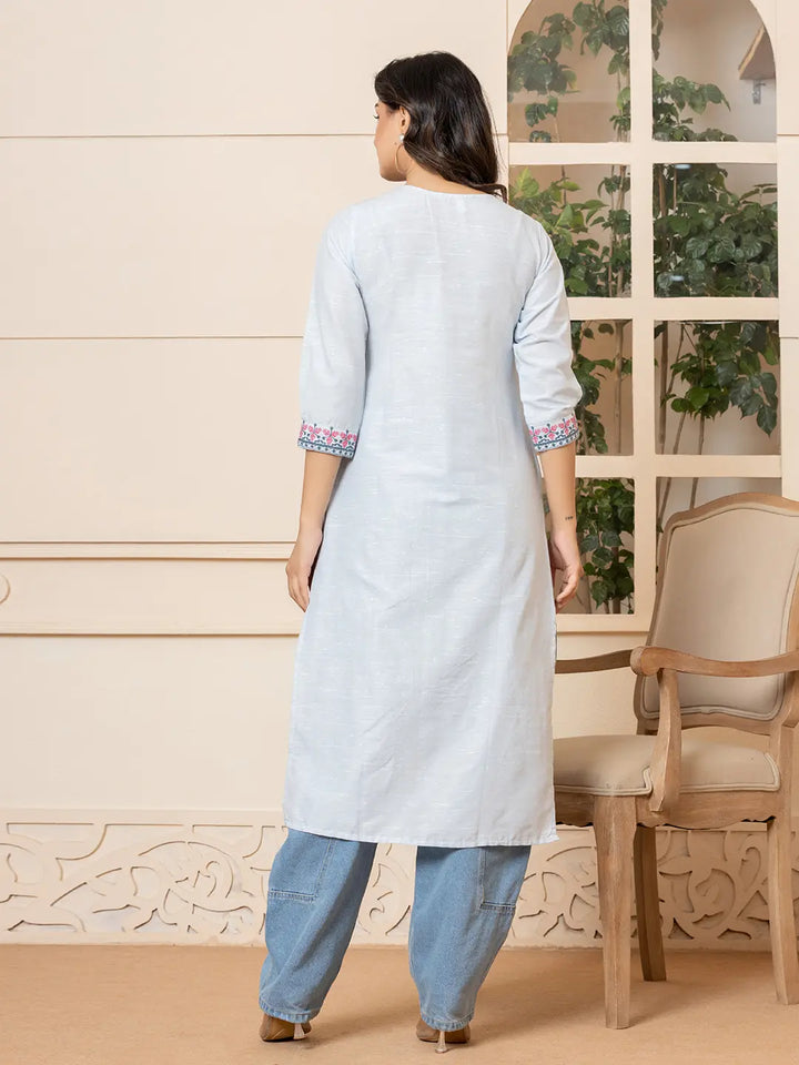 Linen Sky Blue Embroidery Straight Kurta