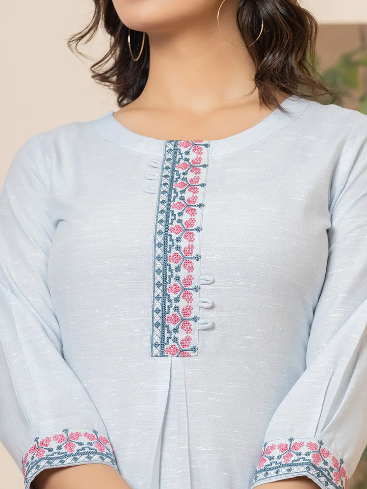 Linen Sky Blue Embroidery Straight Kurta