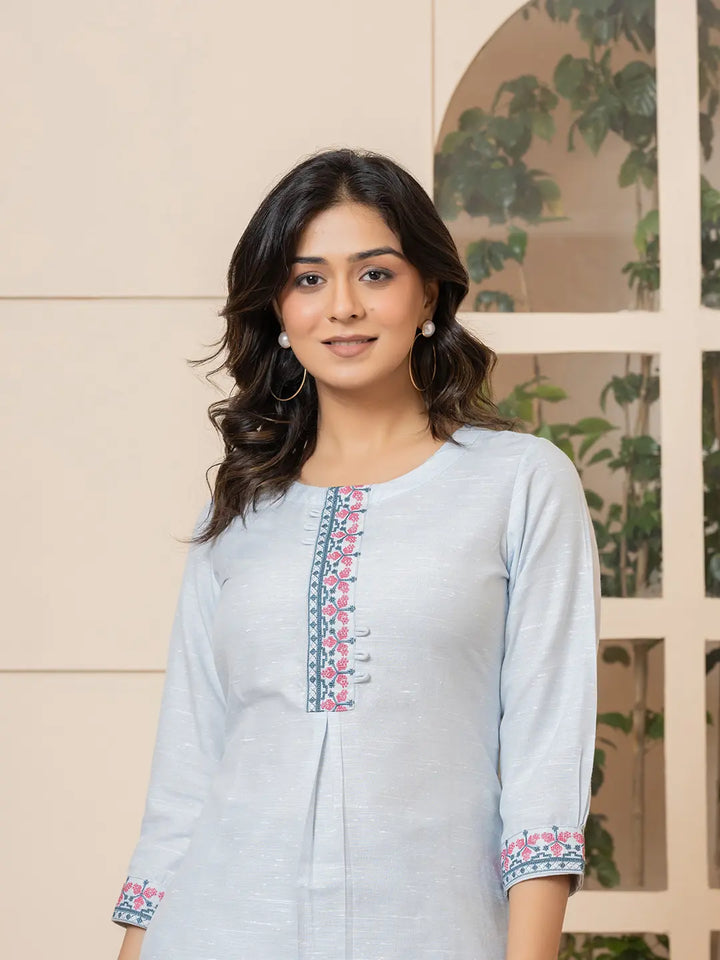 Linen Sky Blue Embroidery Straight Kurta