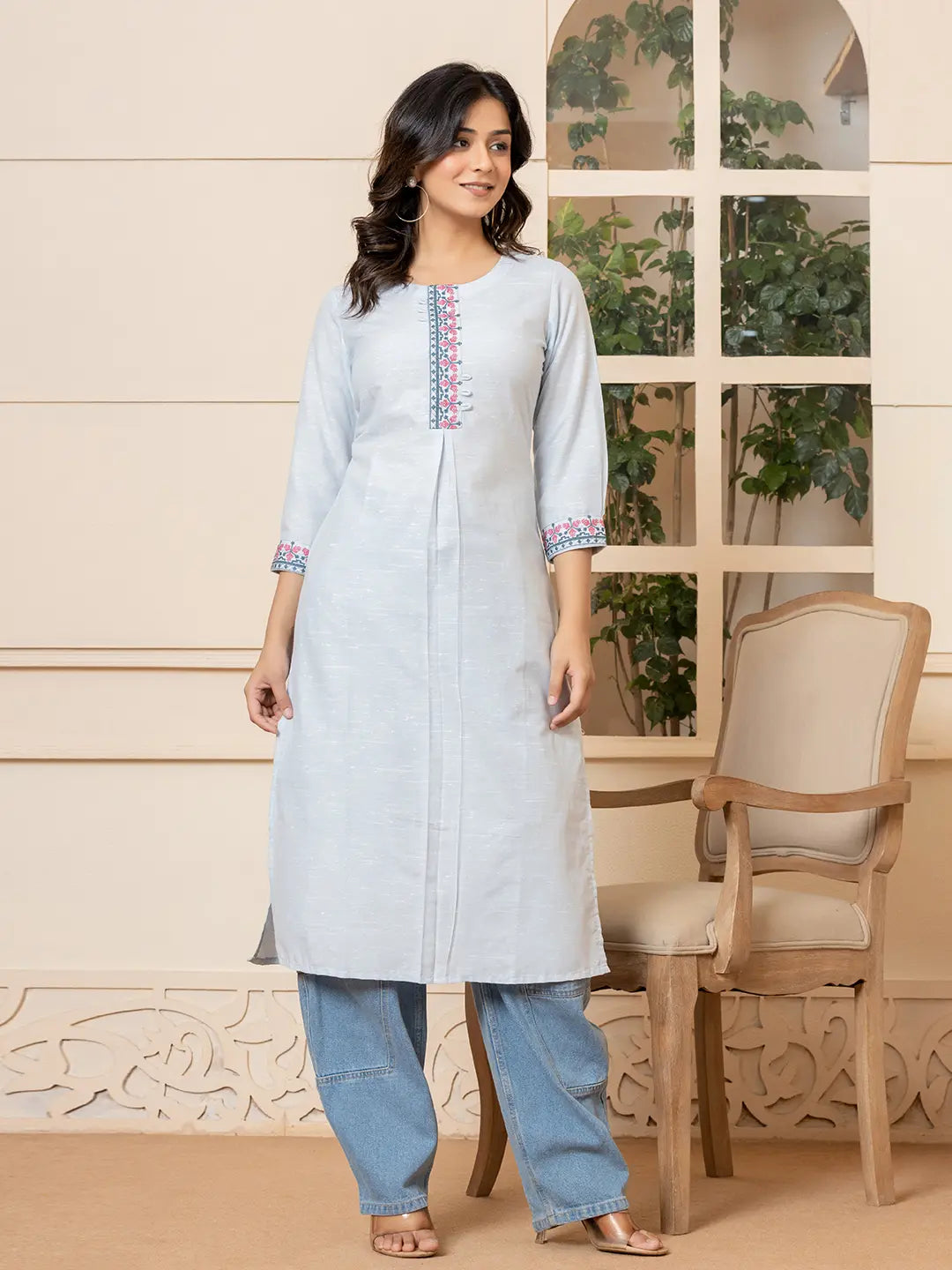 Linen Sky Blue Embroidery Straight Kurta