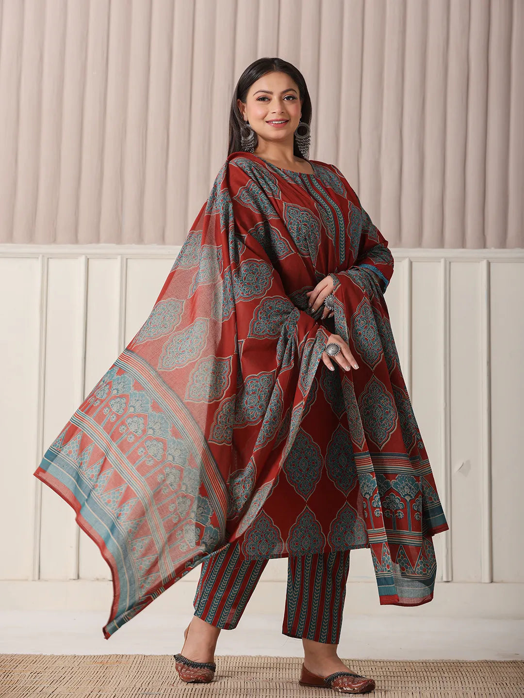 Maroon Block Print Cotton Lace Work Plus Size Kurta Set With Pant &amp; Dupatta