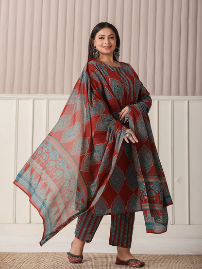 Maroon Block Print Cotton Lace Work Plus Size Kurta Set With Pant & Dupatta
