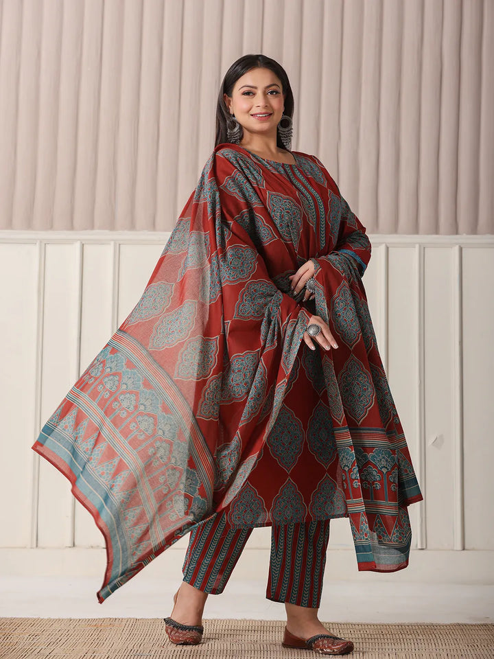 Maroon Block Print Cotton Lace Work Plus Size Kurta Set With Pant &amp; Dupatta