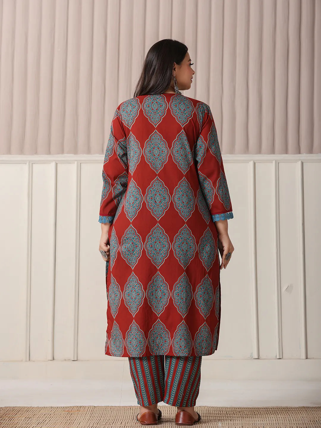 Maroon Block Print Cotton Lace Work Plus Size Kurta Set With Pant &amp; Dupatta