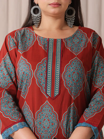 Maroon Block Print Cotton Lace Work Plus Size Kurta Set With Pant & Dupatta