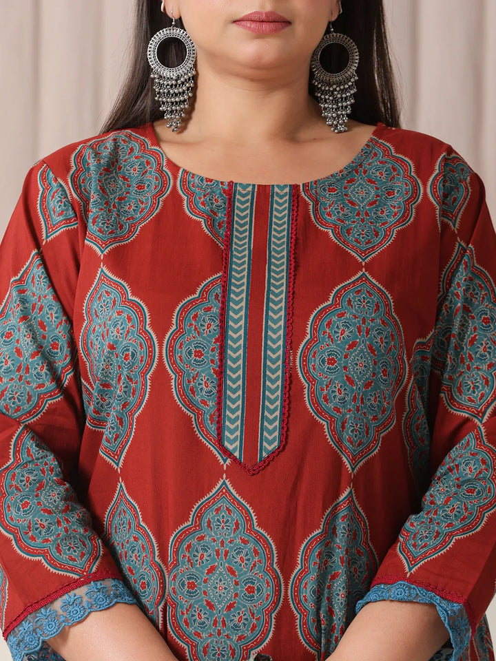 Maroon Block Print Cotton Lace Work Plus Size Kurta Set With Pant &amp; Dupatta