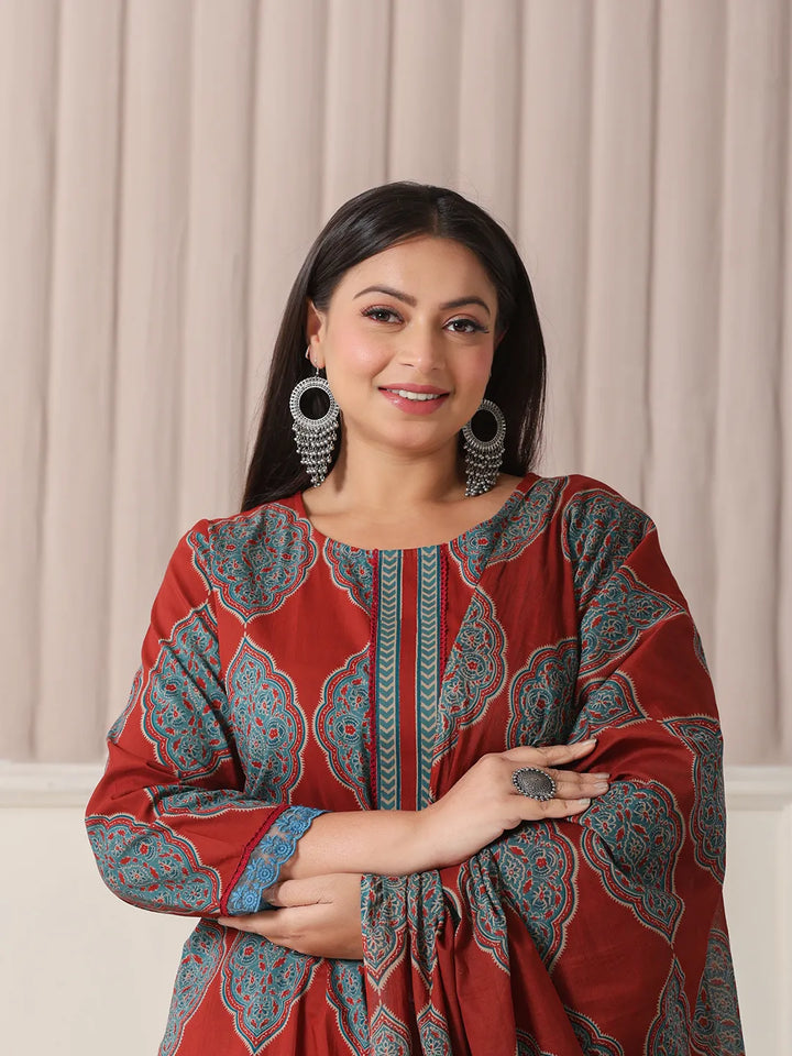 Maroon Block Print Cotton Lace Work Plus Size Kurta Set With Pant &amp; Dupatta