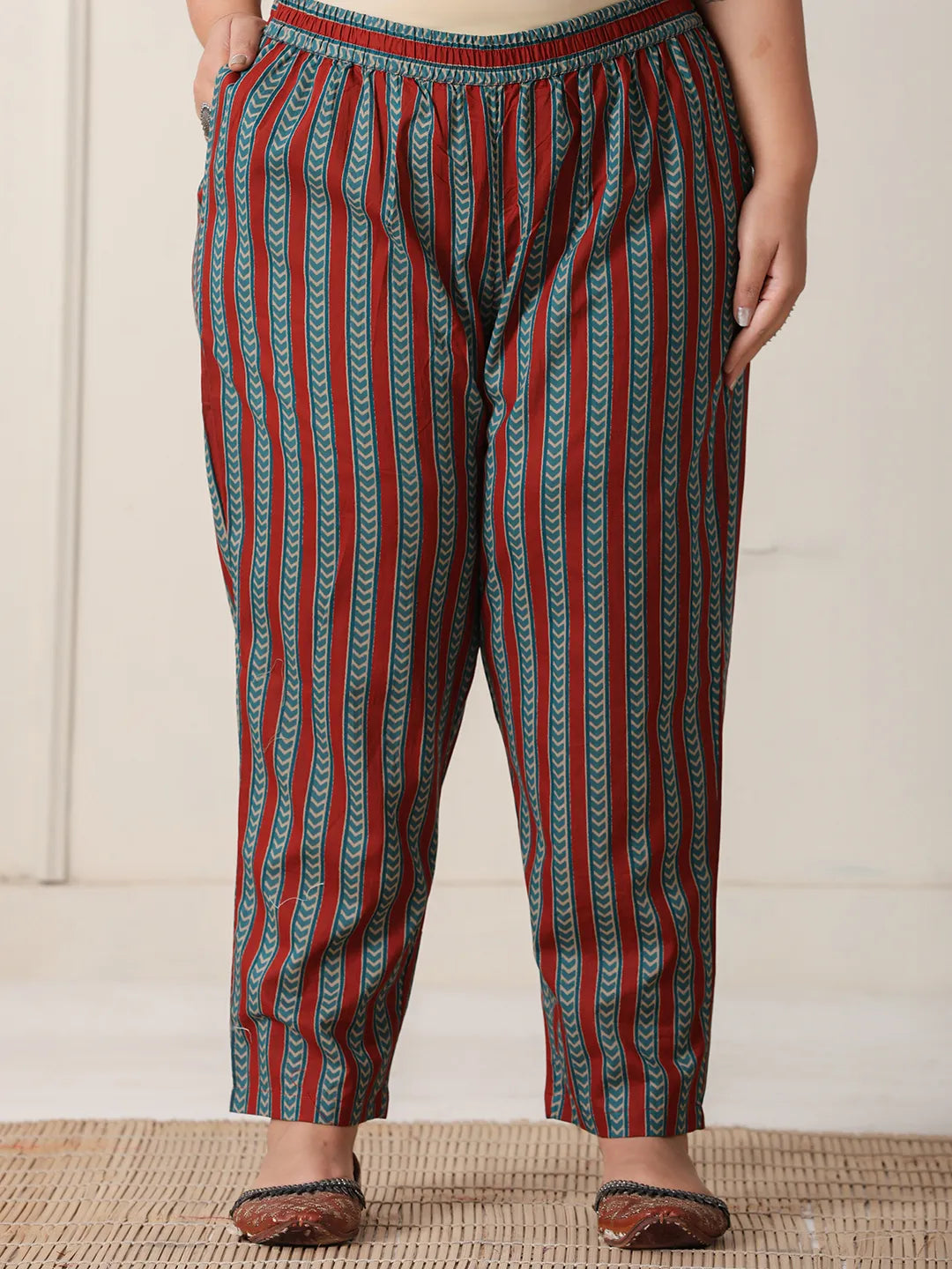 Maroon Block Print Cotton Lace Work Plus Size Kurta Set With Pant & Dupatta