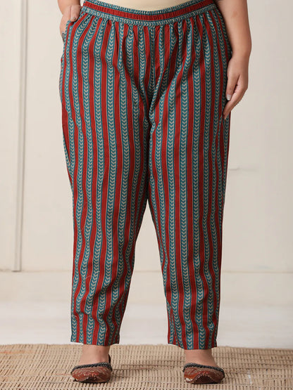 Maroon Block Print Cotton Lace Work Plus Size Kurta Set With Pant & Dupatta