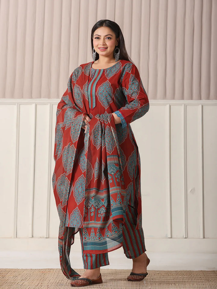 Maroon Block Print Cotton Lace Work Plus Size Kurta Set With Pant &amp; Dupatta