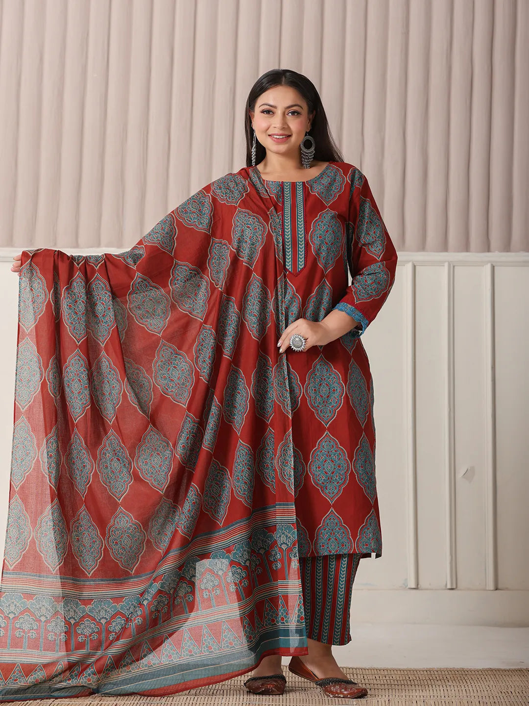 Maroon Block Print Cotton Lace Work Plus Size Kurta Set With Pant & Dupatta