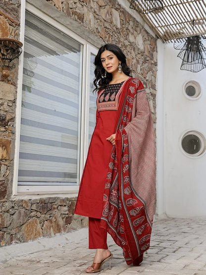 Maroon Cotton A Line Kurta Dupatta Set