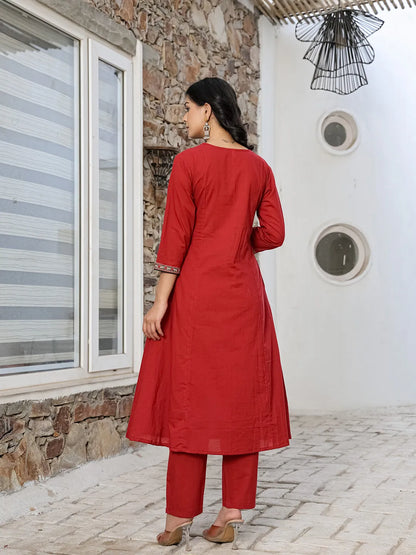 Maroon Cotton A Line Kurta Dupatta Set