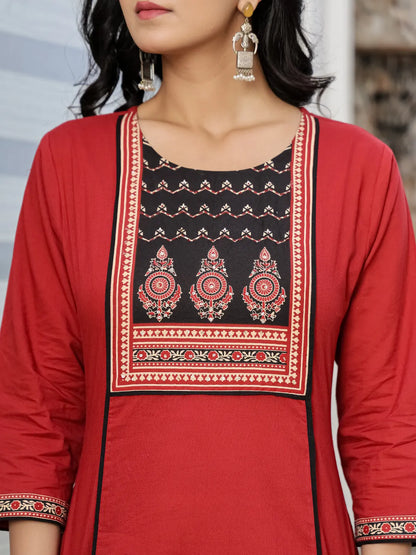 Maroon Cotton A Line Kurta Dupatta Set