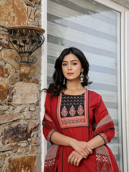 Maroon Cotton A Line Kurta Dupatta Set