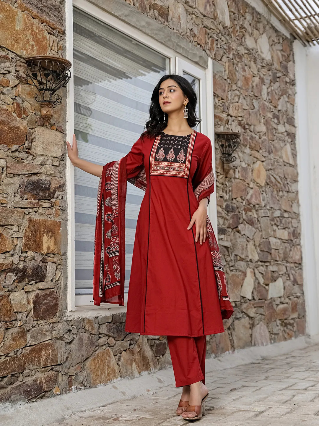 Maroon Cotton A Line Kurta Dupatta Set