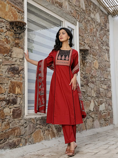Maroon Cotton A Line Kurta Dupatta Set