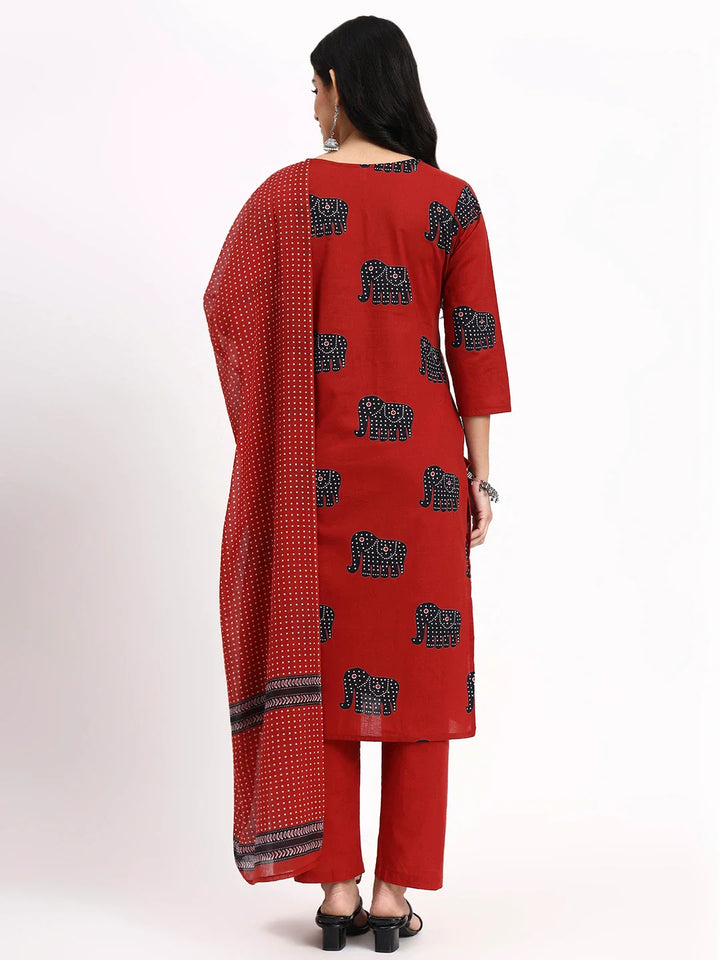 Cotton Ethnic Motifs Straight Kurta Pant Dupatta Set