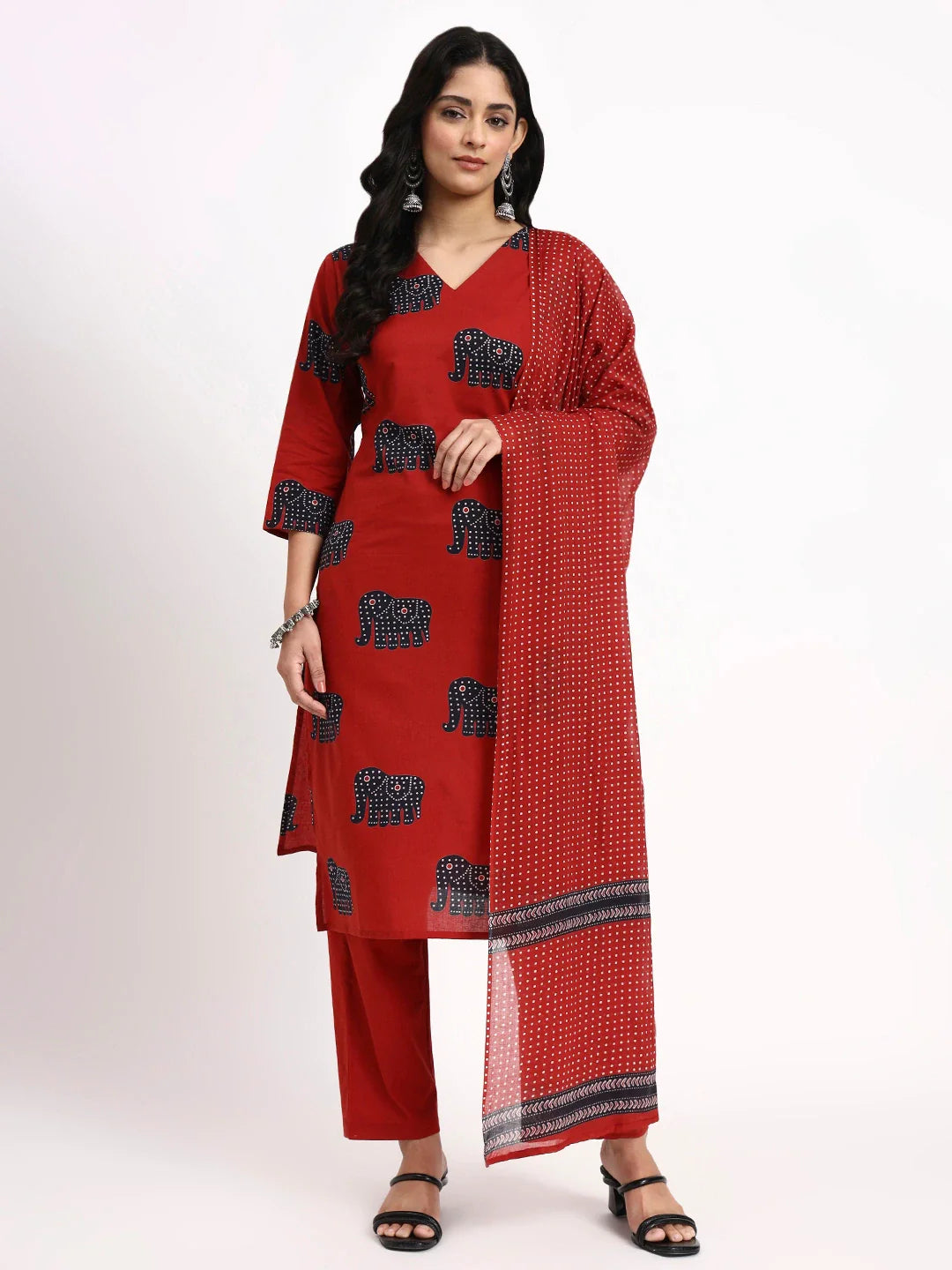 Cotton Ethnic Motifs Straight Kurta Pant Dupatta Set