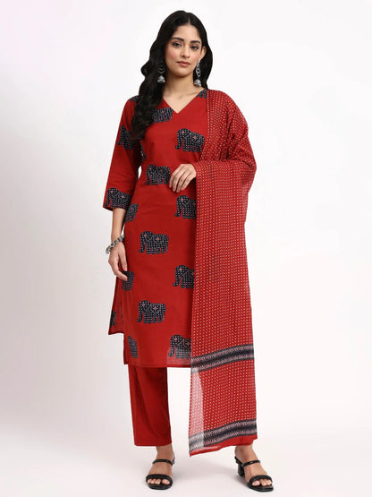 Cotton Ethnic Motifs Straight Kurta Pant Dupatta Set