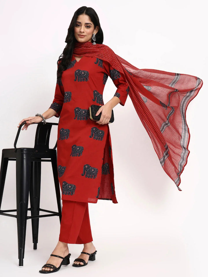 Cotton Ethnic Motifs Straight Kurta Pant Dupatta Set