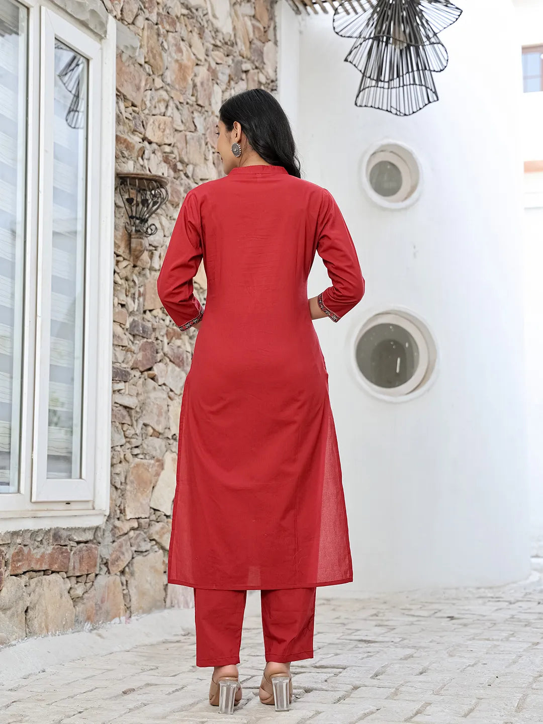 Maroon Cotton Mandarin Collar Kurta Dupatta Set