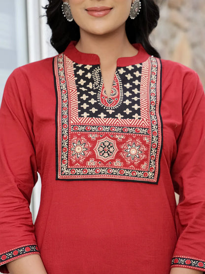 Maroon Cotton Mandarin Collar Kurta Dupatta Set