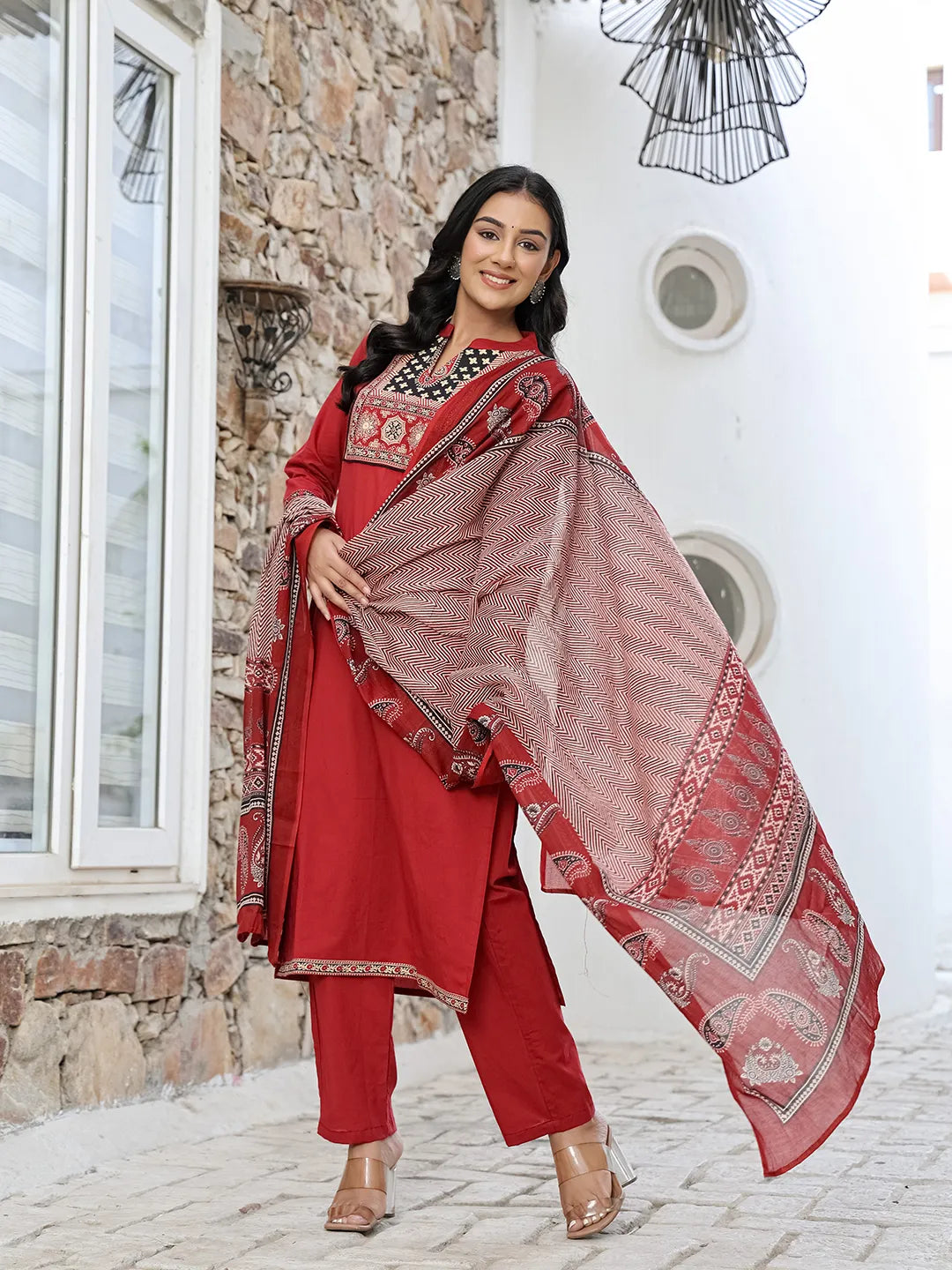 Maroon Cotton Mandarin Collar Kurta Dupatta Set
