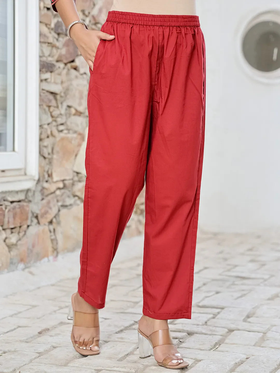 Maroon Cotton Mandarin Collar Kurta Dupatta Set