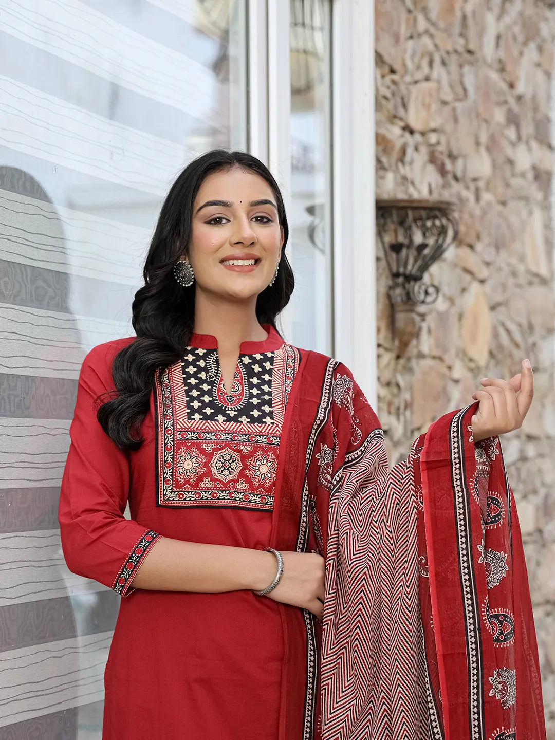 Maroon Cotton Mandarin Collar Kurta Dupatta Set