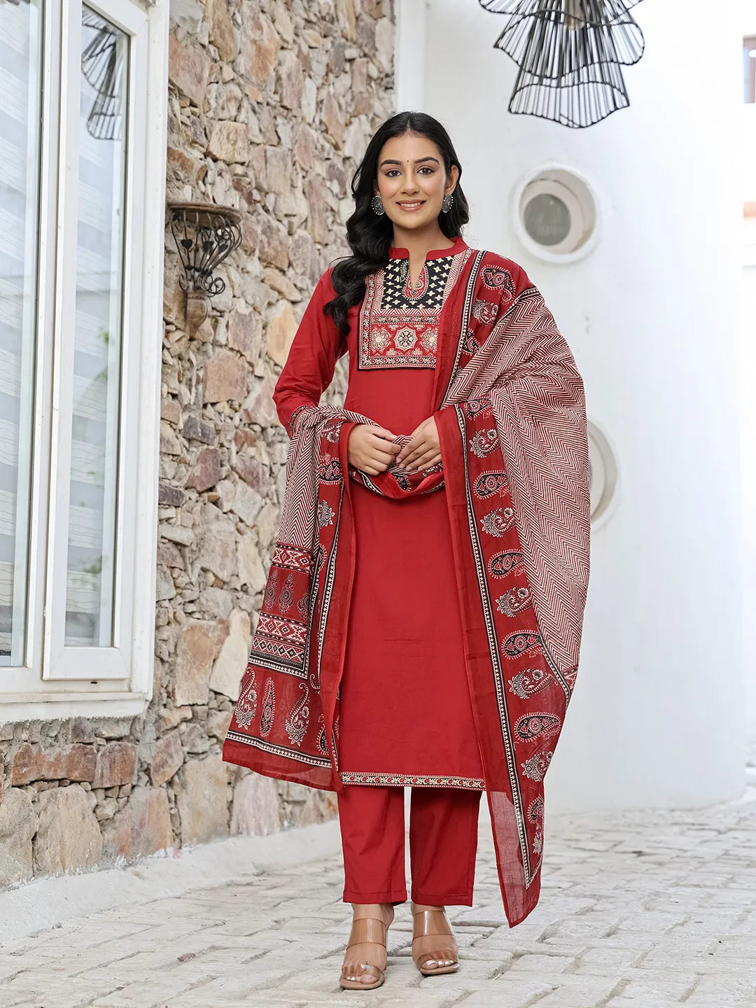 Maroon Cotton Mandarin Collar Kurta Dupatta Set