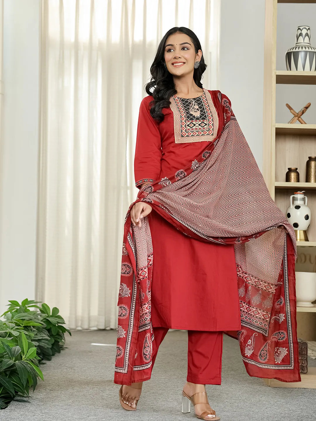 Maroon Cotton Sequins Work Straight Kurta Set