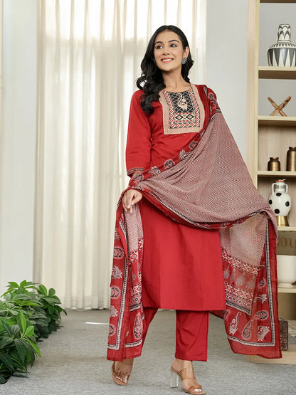 Maroon Cotton Sequins Work Straight Kurta Set