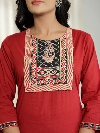Maroon Cotton Sequins Work Straight Kurta Set