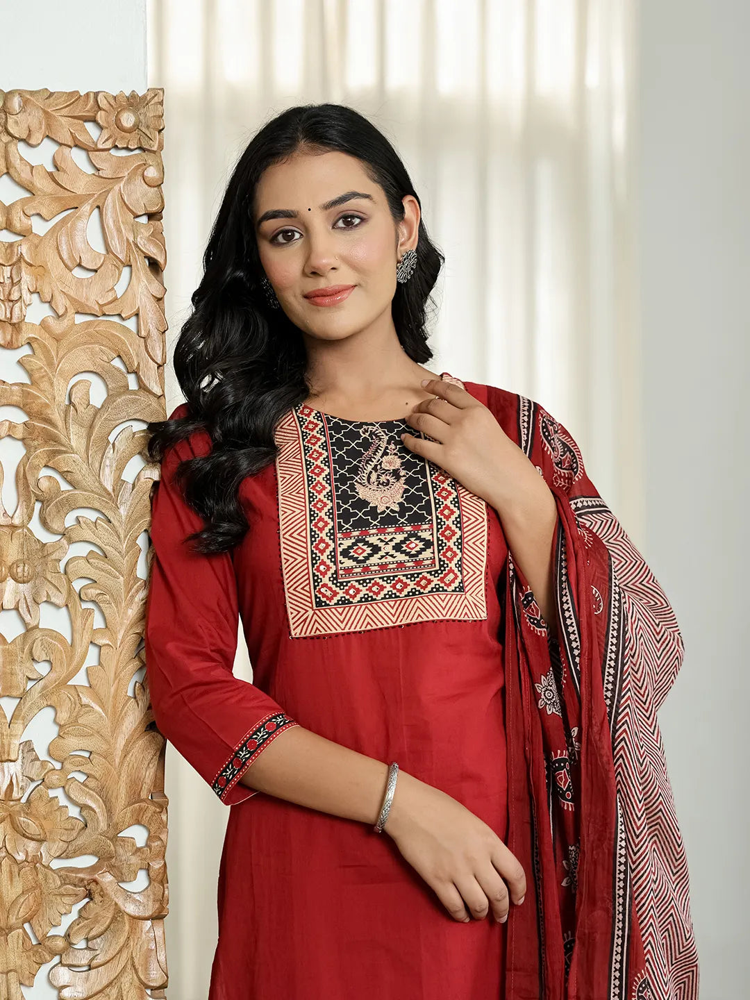 Maroon Cotton Sequins Work Straight Kurta Set