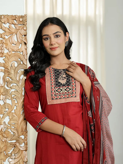 Maroon Cotton Sequins Work Straight Kurta Set