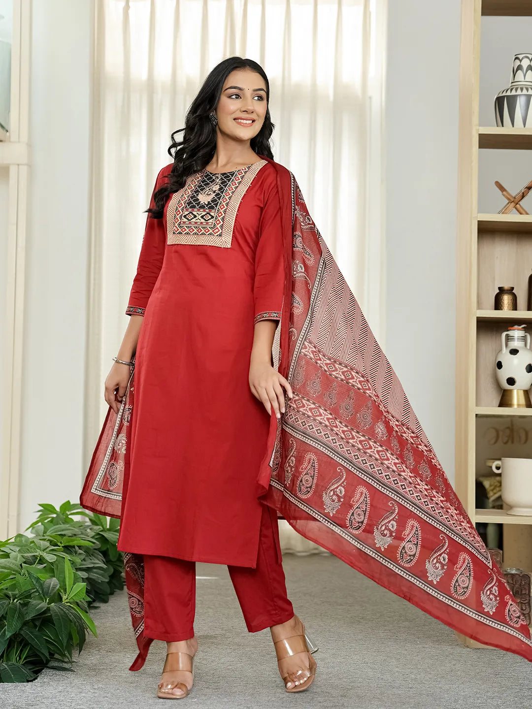 Maroon Cotton Sequins Work Straight Kurta Set