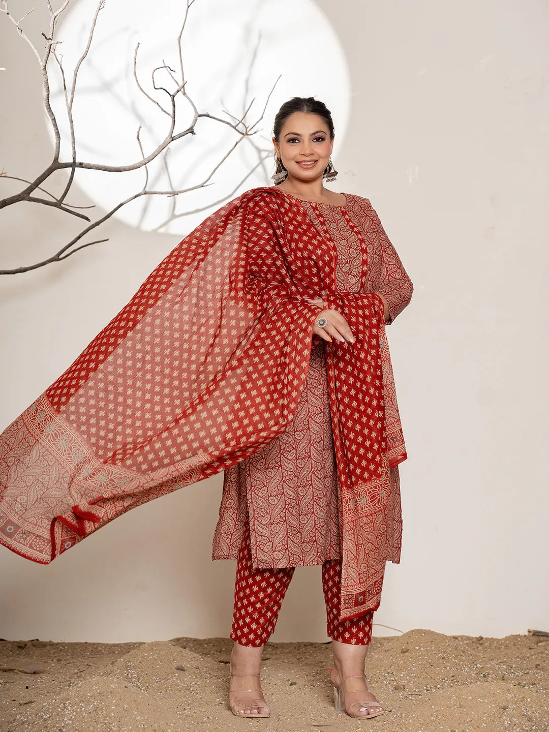 Maroon Embroidered Cotton Plus Size Kurta Dupatta Set